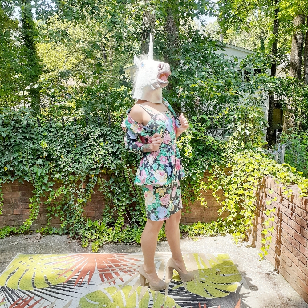 VTG 80s Peplum Dress Bolero Jacket Set Bold Floral - Picture 3 of 16